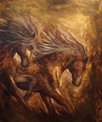 Faiza Bilgrami,  Tarcoal Horses, 31 x 39 inches, Tar Coal on Canvas, Horse Painting, AC-FZBLG-026
